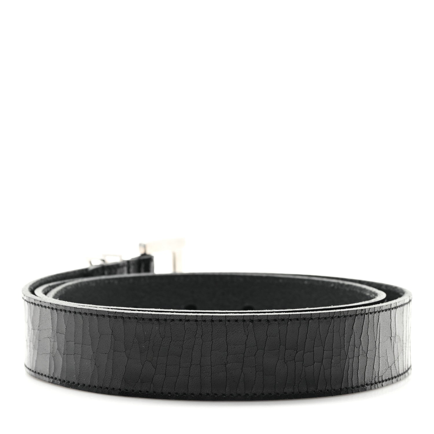 Saint Laurent Vegetable Browny Craquele Monogram Square Buckle Belt 85 34 Black 2 of 6
