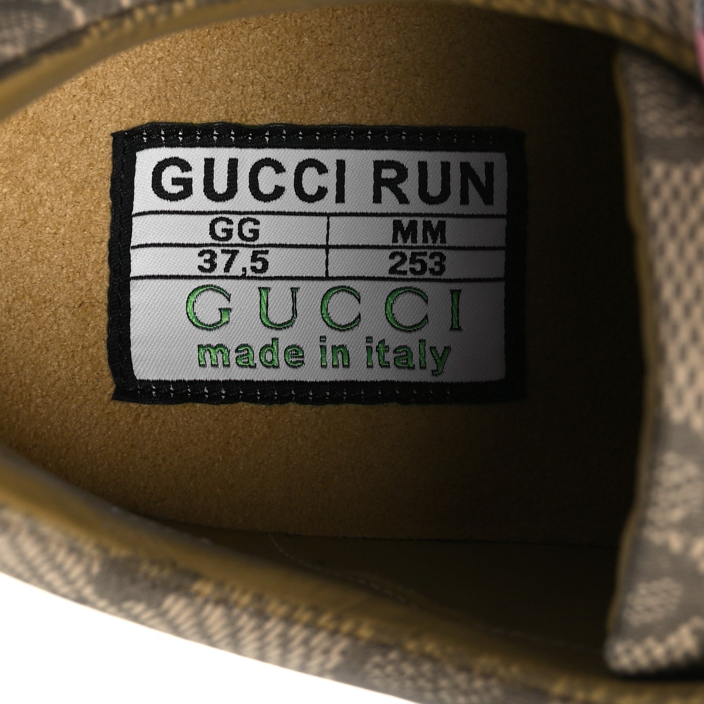 Ultralight Plume Calfskin Monogram Printed Womens Gucci Run Sneakers 37.5 Beige Ebony