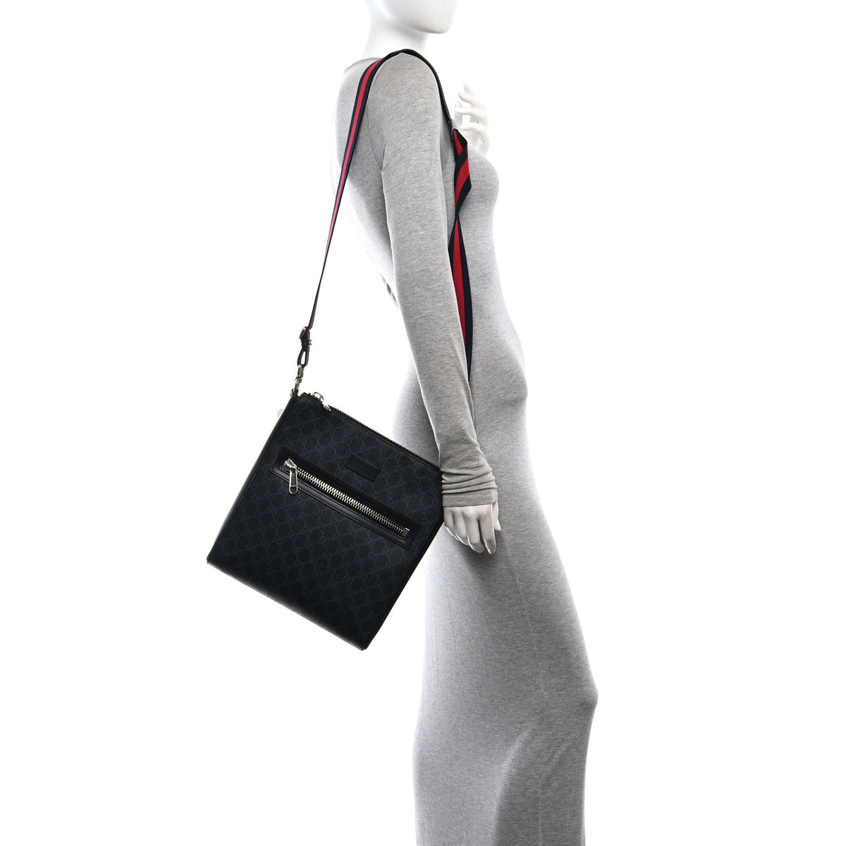 GG Supreme Monogram Appia Calfskin Web Flat Messenger Bag Black Grey