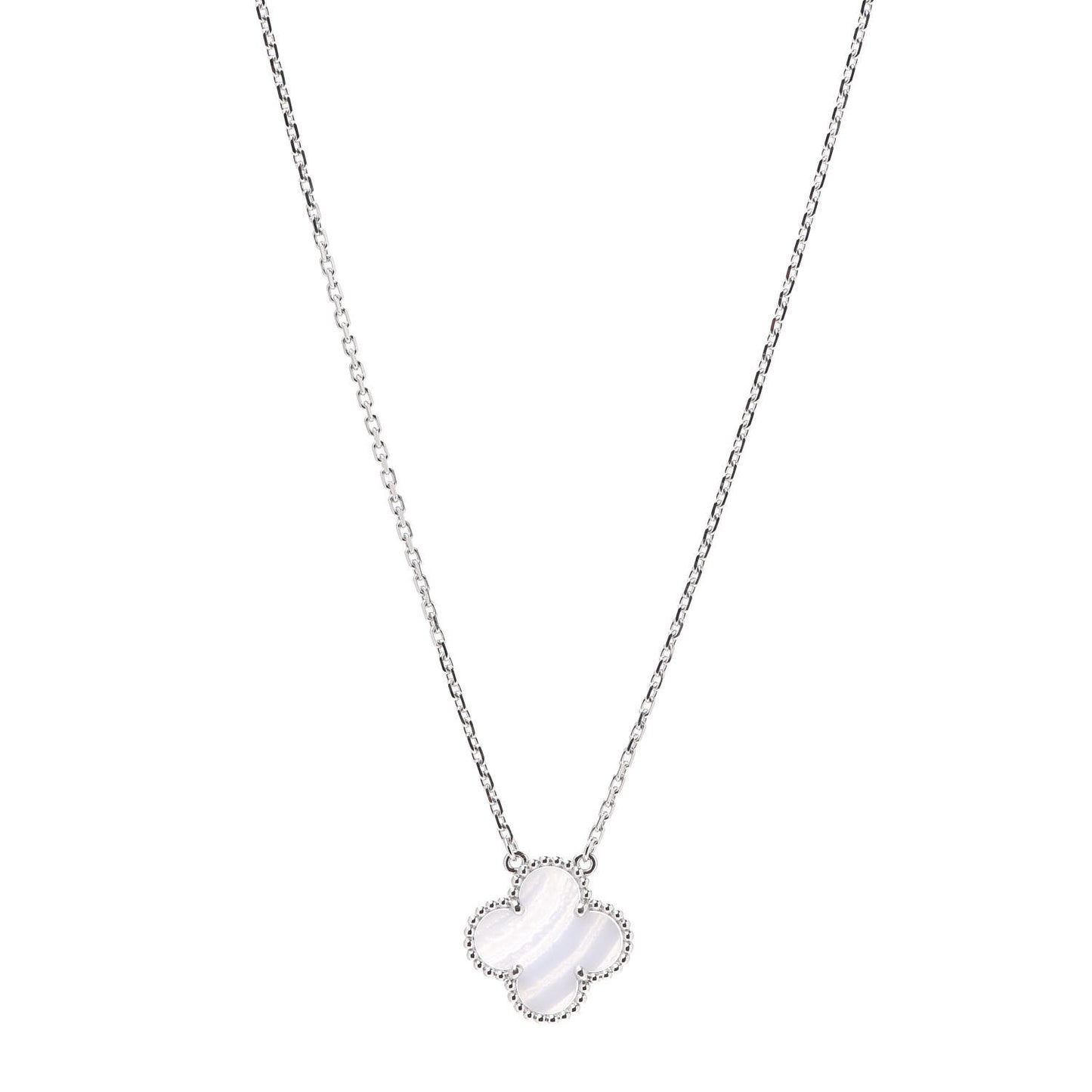 18K White Gold Chalcedony Vintage Alhambra Pendant Necklace