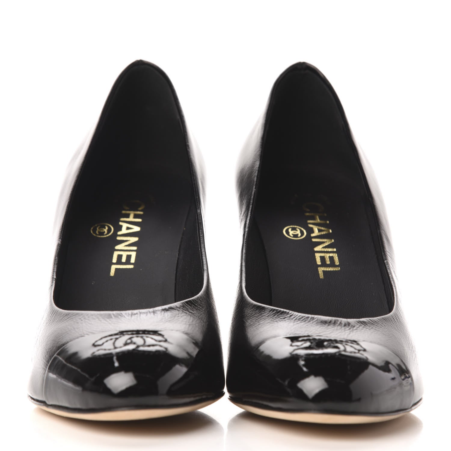 Chanel Crumpled Calfskin Patent Cap Toe CC Pumps 36.5 Black 3 of 8