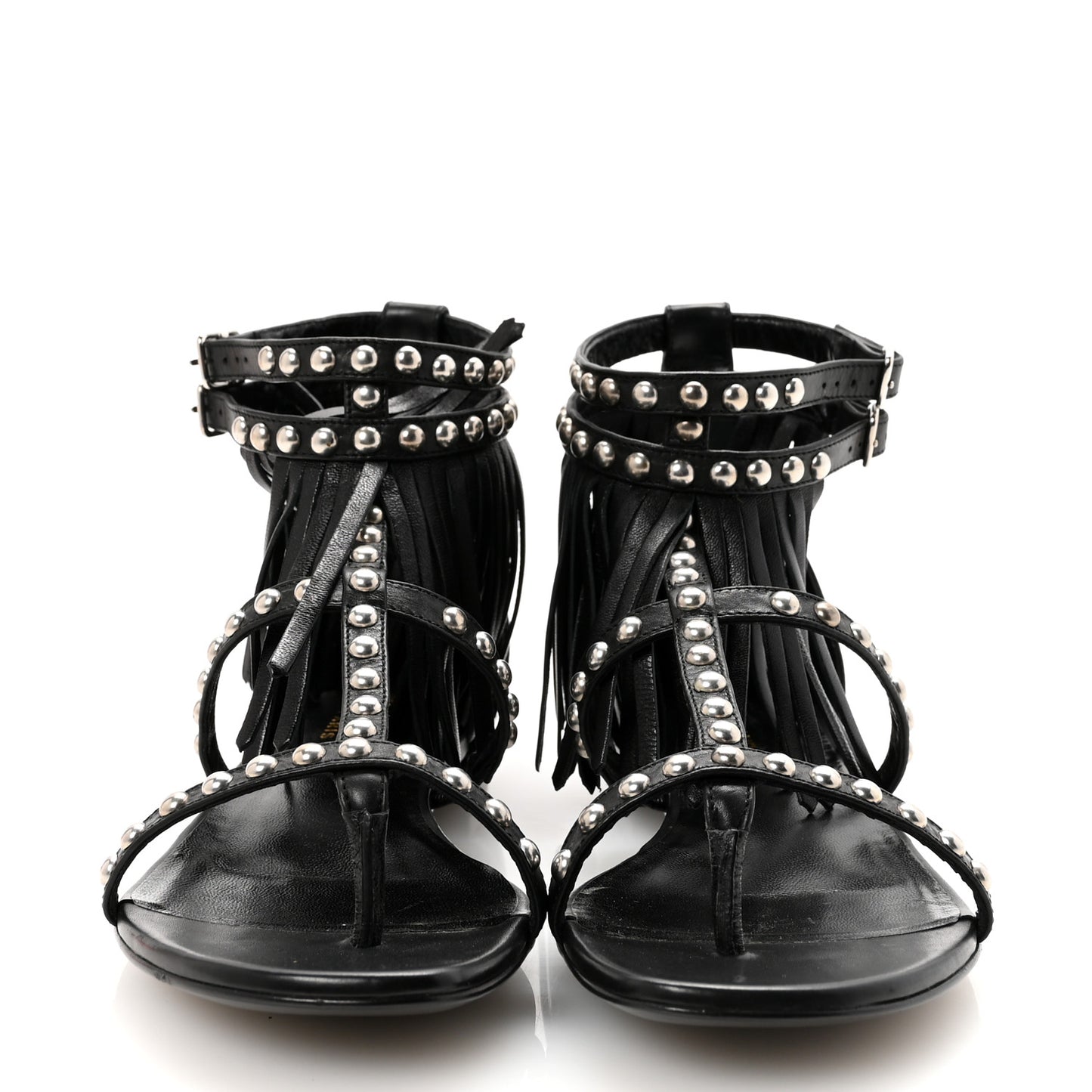 Calfskin Studded Fringe Cyuko Sandals 36.5 Black