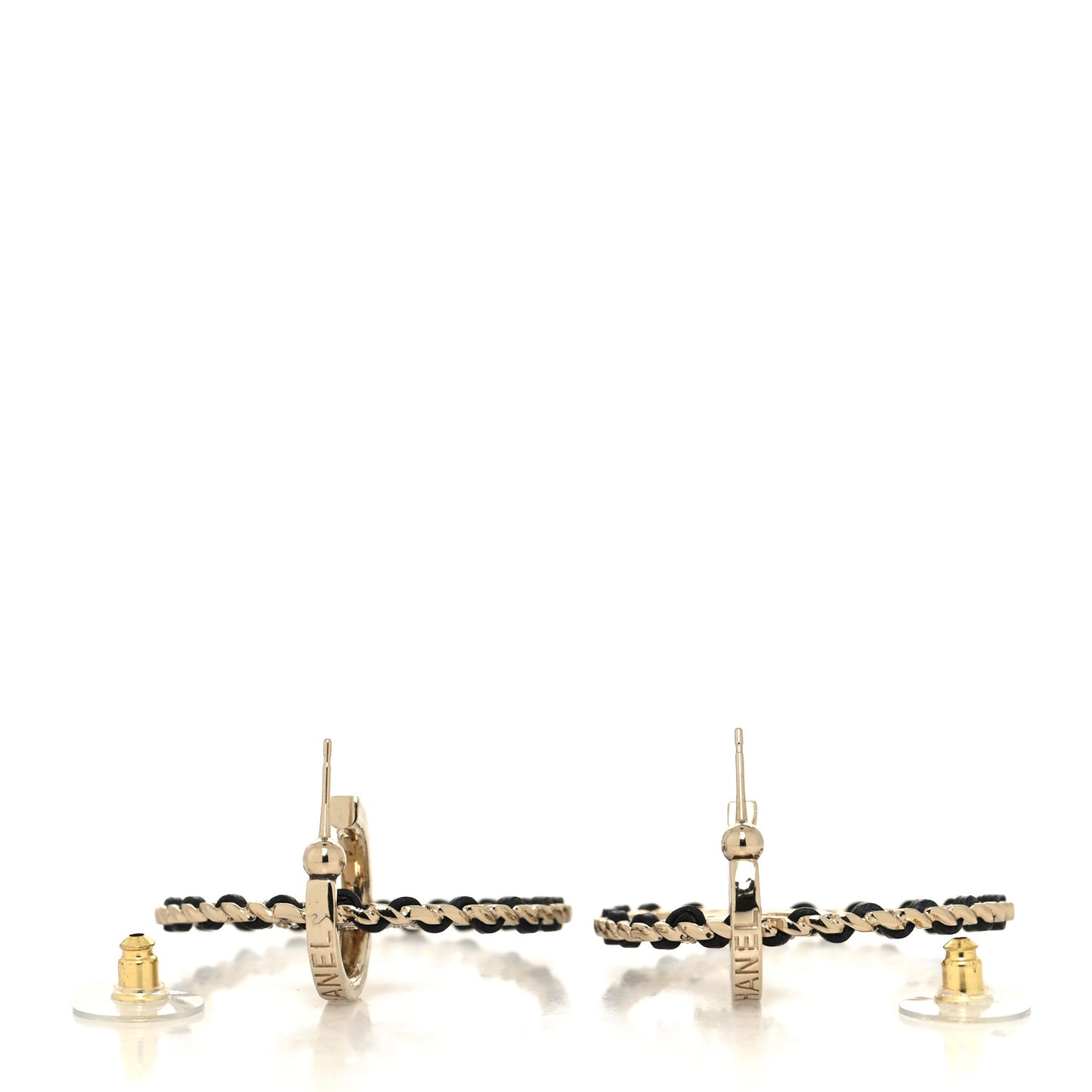 Metal Crystal Lambskin CC Chain Hoop Earrings Gold Black