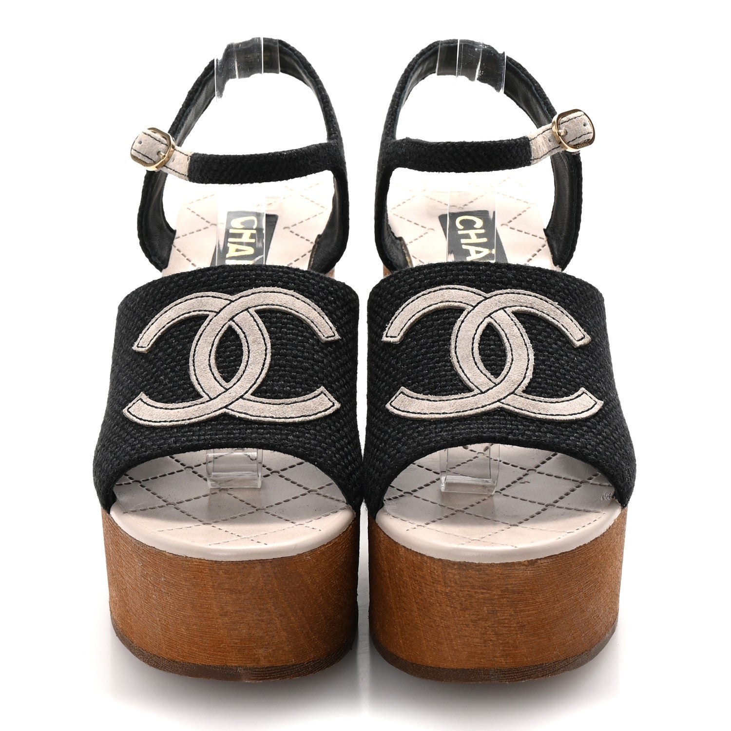 Chanel Fabric Calfskin Platform Wedge Sandals 37 Black 3 of 10