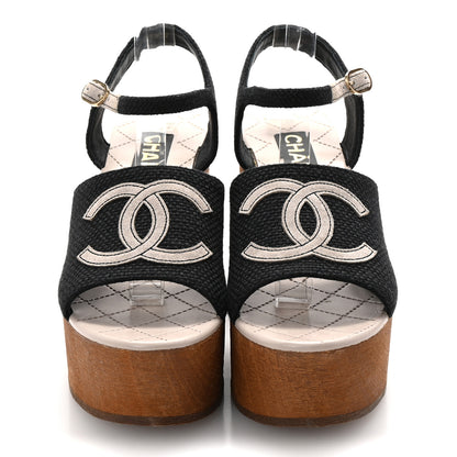 Chanel Fabric Calfskin Platform Wedge Sandals 37 Black 3 of 10