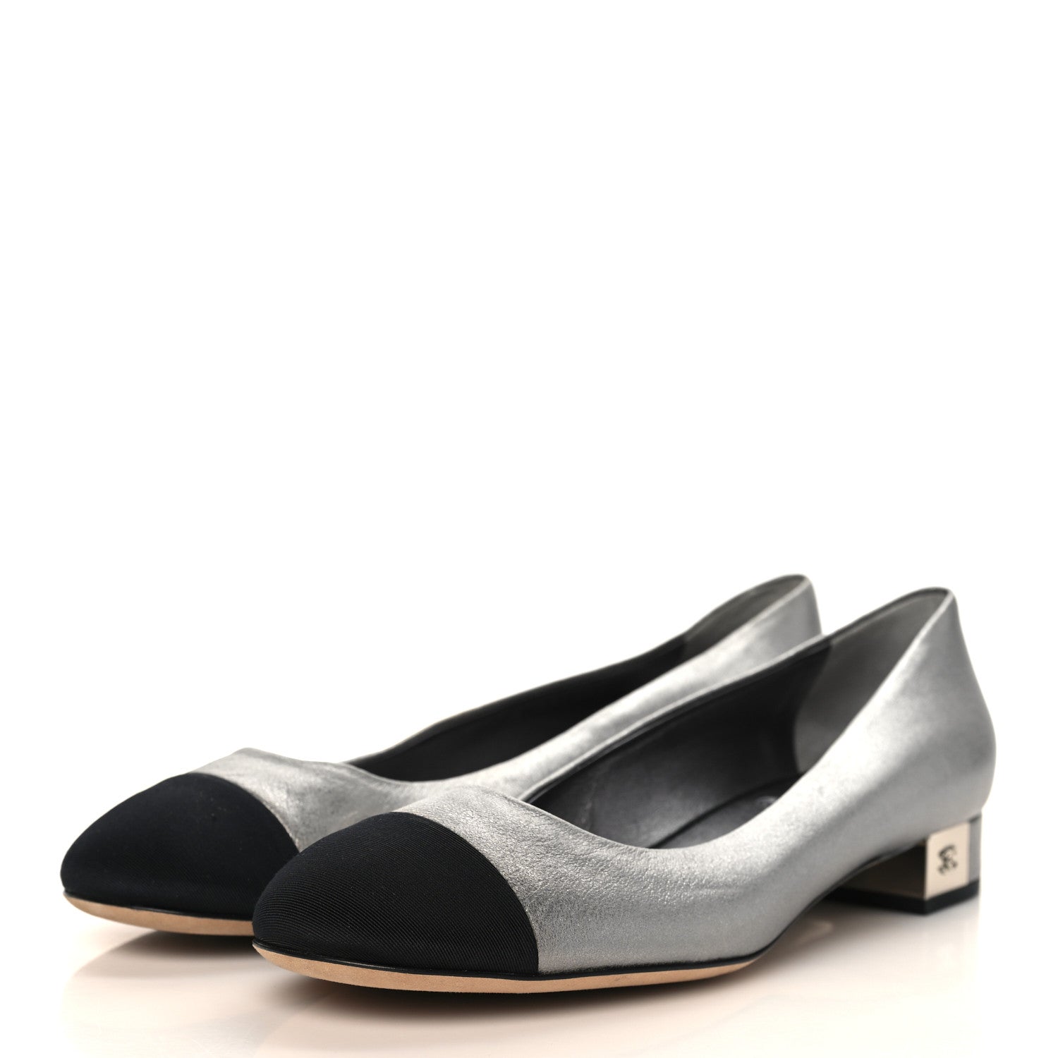 Chanel Metallic Calfskin Grosgrain Cap Toe CC Ballerina Flats 40 Silver Black 2 of 9