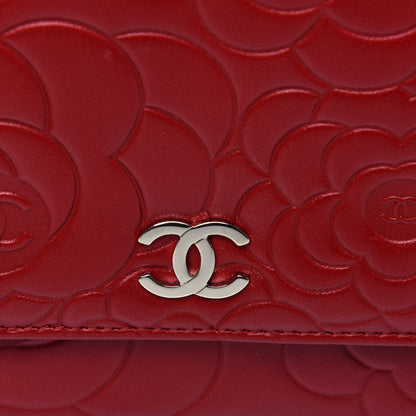 Chanel Lambskin Camellia Embossed Wallet On Chain WOC Red 17 of 21