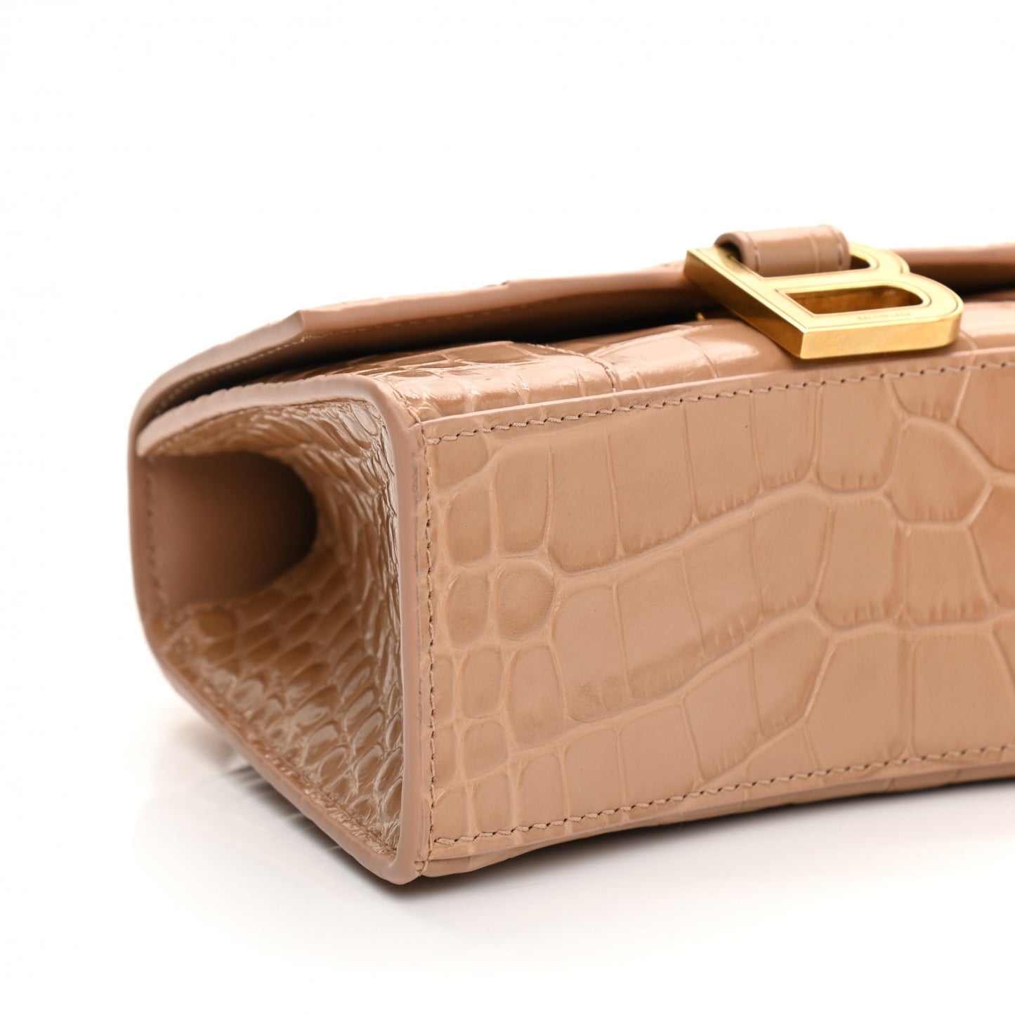 Shiny Calfskin Crocodile Embossed Hourglass Top Handle Bag XS Nude Beige