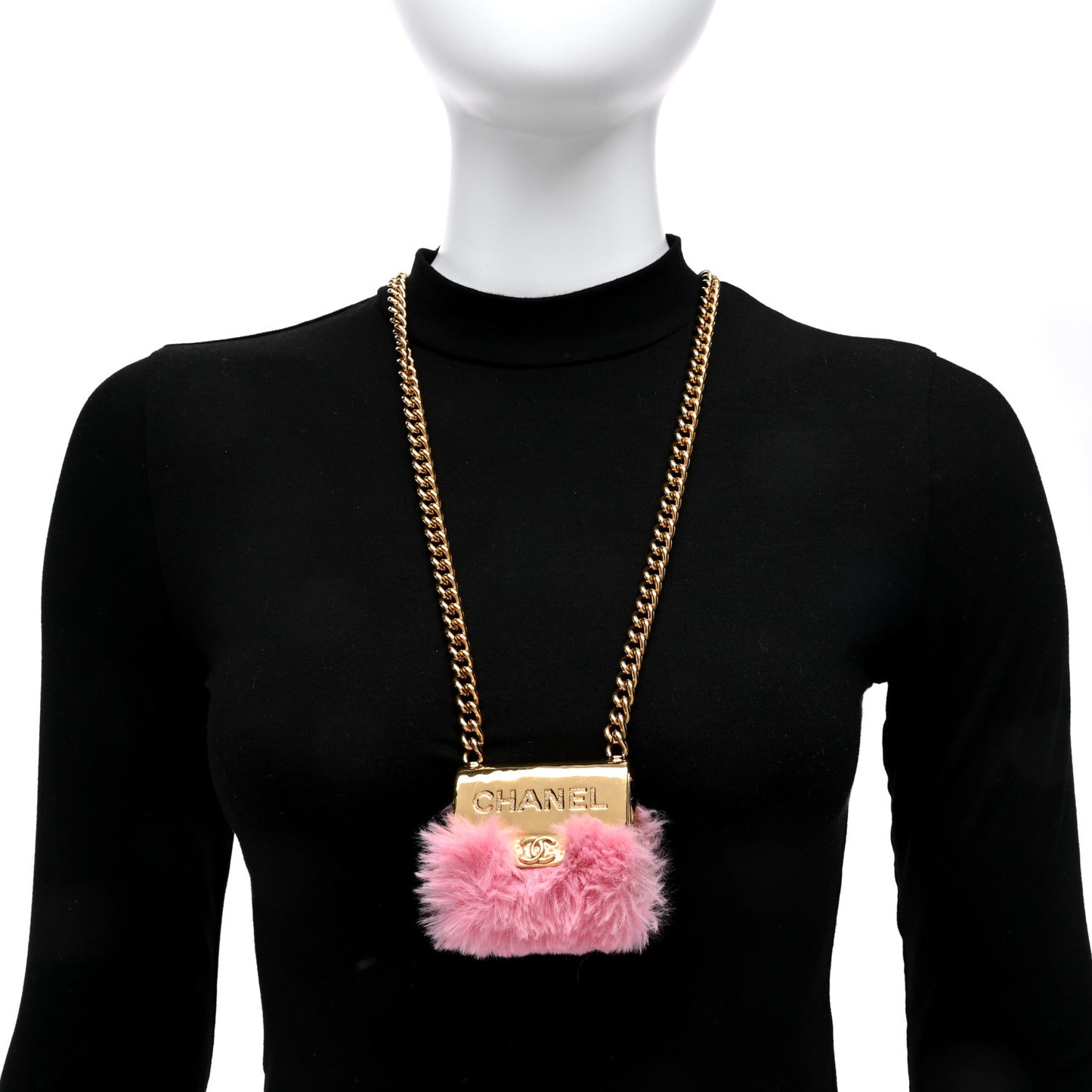 Metal Fur Flap Bag Long Necklace Gold Pink