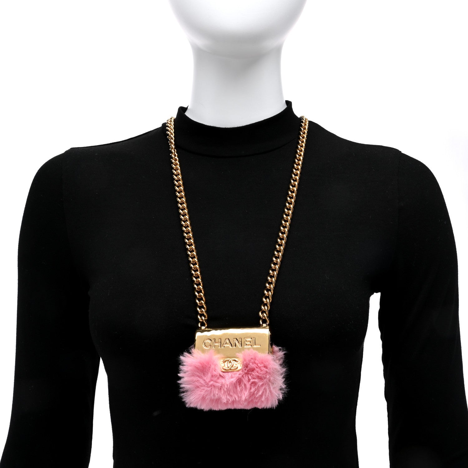 Chanel Metal Fur Flap Bag Long Necklace Gold Pink 2 of 6