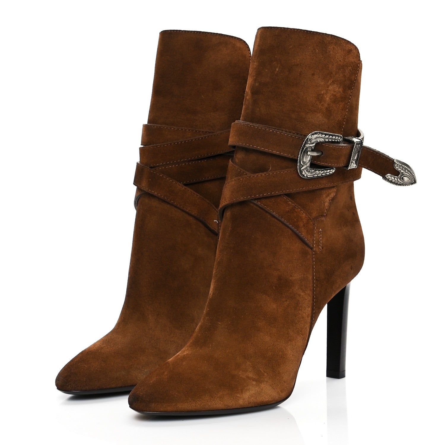 Saint Laurent Suede Mica Buckle Western Ankle Booties Brown 39.5 3 of 12