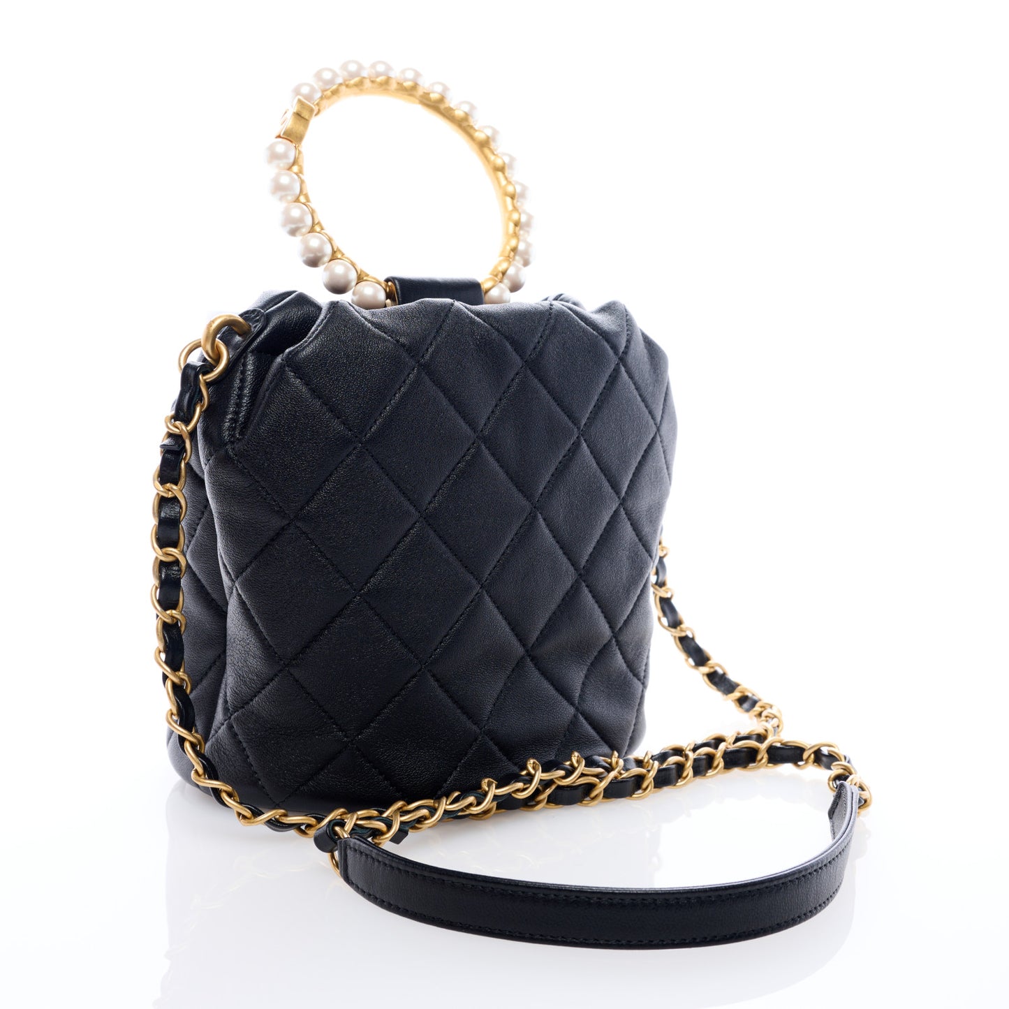 Lambskin Quilted Pearl Crown Drawstring Bag Black