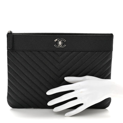 Chanel Metallic Caviar Chevron Quilted Vintage Mademoiselle Large Zip Pouch Charcoal 2 of 8