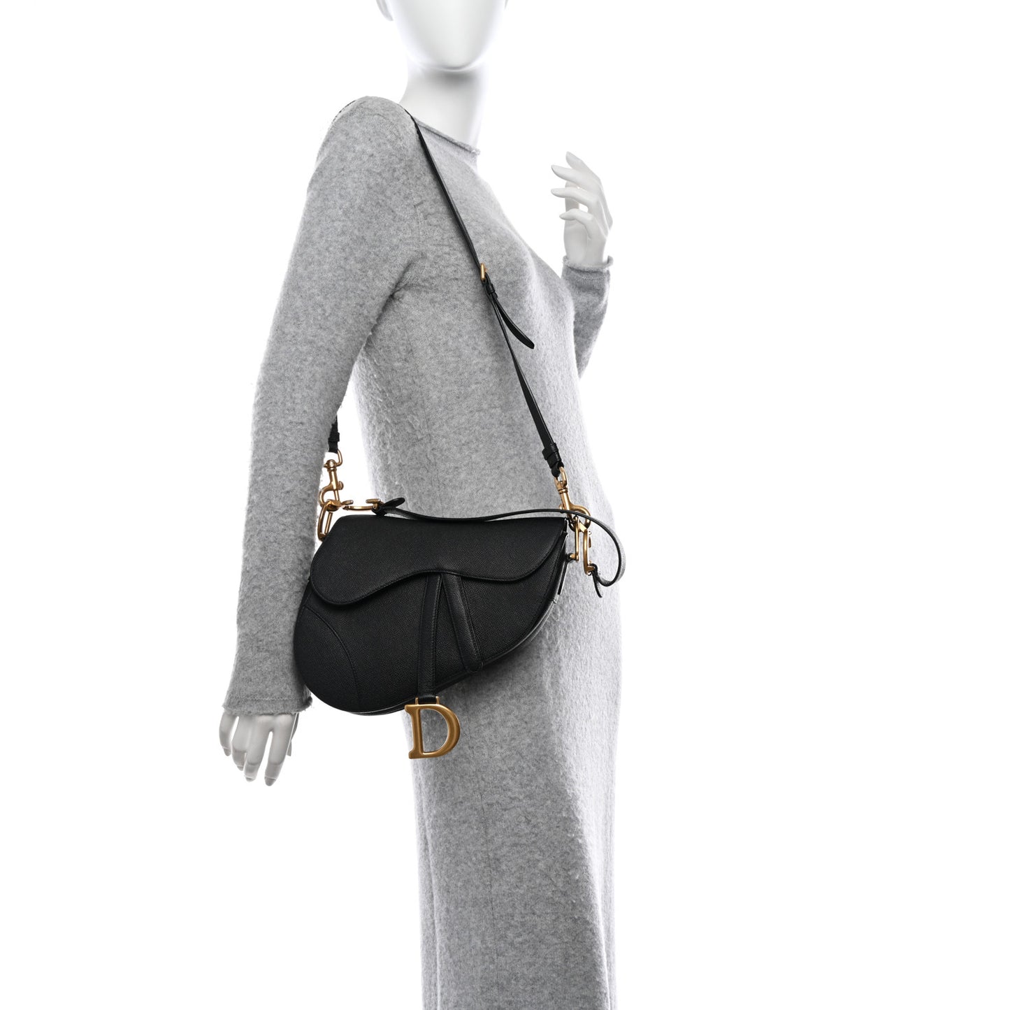 CHRISTIAN DIOR Grained Calfskin Saddle Bag With Strap Black