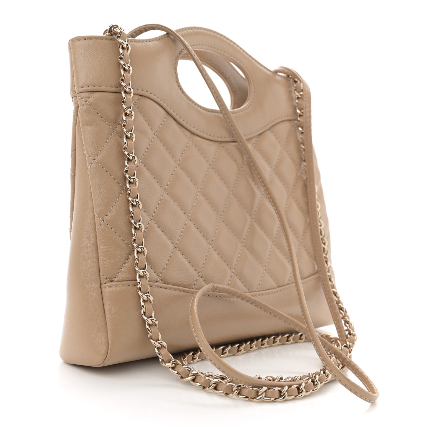 Shiny Crumpled Calfskin Quilted Mini 31 Shopping Bag Dark Beige