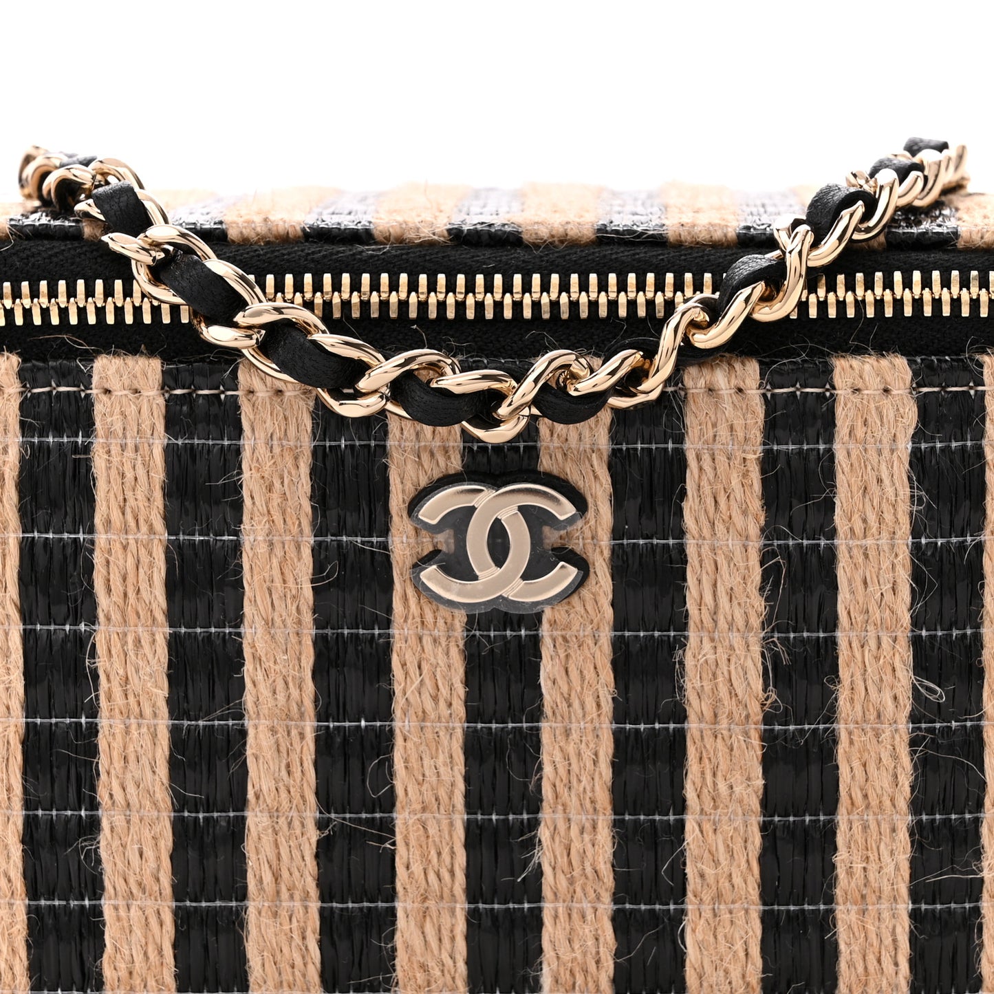 Raffia Jute Striped Small Vanity Case With Chain Black Beige