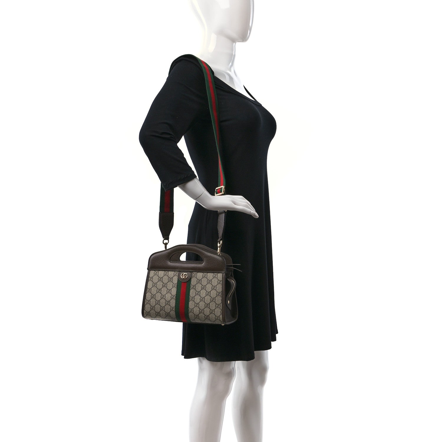 Gucci GG Supreme Monogram Textured Dollar Calfskin Web Small Ophidia Slip Handle Tote Beige Ebony New Acero 3 of 12