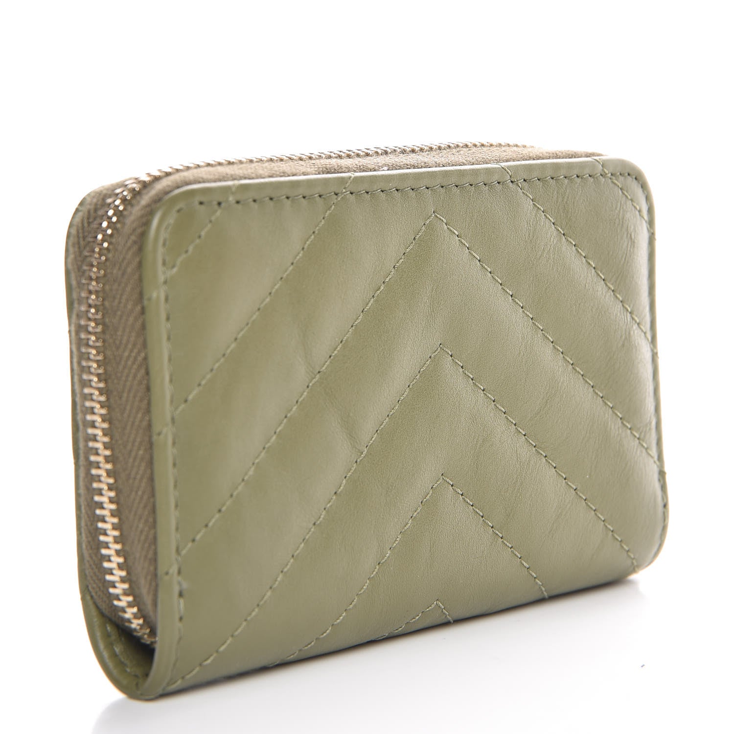 Chanel Calfskin Chevron Quilted Zip Around Coin Purse Green 3 of 8