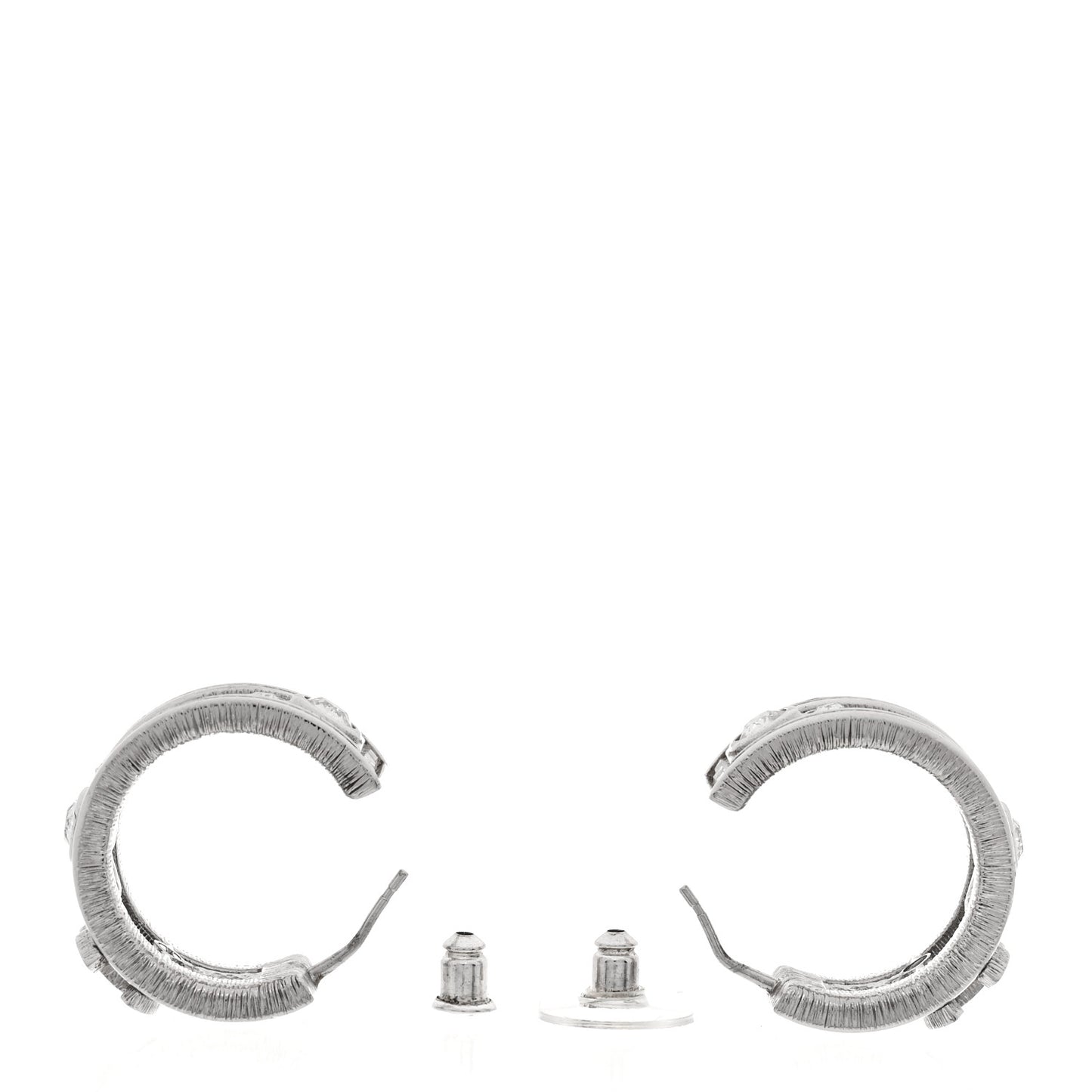Metal Crystal CC Hoop Earrings Silver