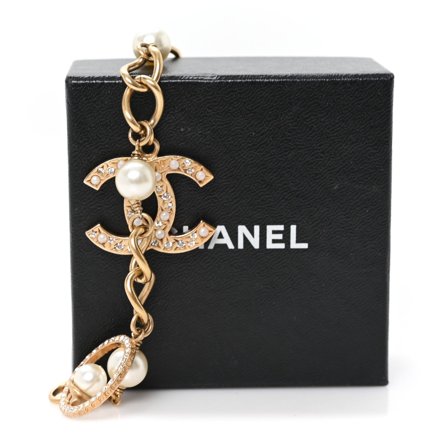 Crystal Pearl CC Charm Bracelet Gold