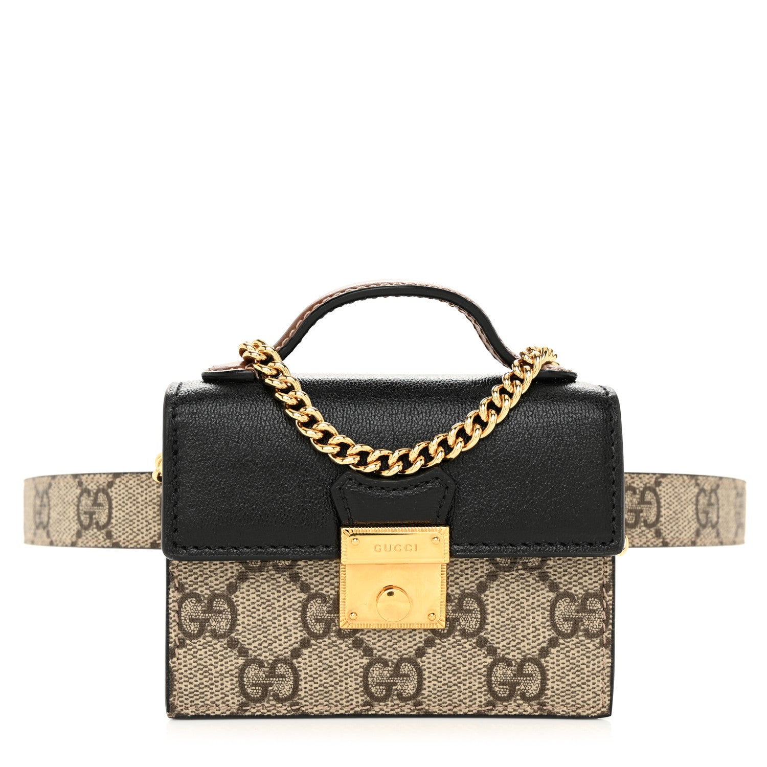 Gucci GG Supreme Monogram Calfskin Mini Padlock Top Handle Belt Bag Beige Black Cuir 1 of 10