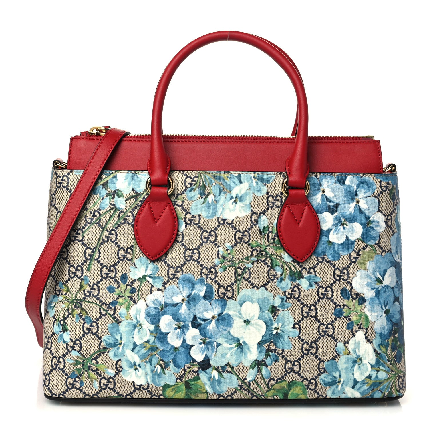 Gucci GG Supreme Monogram Blooms Small Zip Top Tote Beige Blue Navy Hibiscus Red 1 of 10