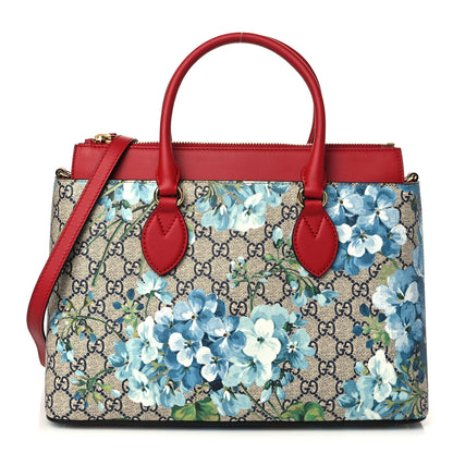 Gucci GG Supreme Monogram Blooms Small Zip Top Tote Beige Blue Navy Hibiscus Red 1 of 10