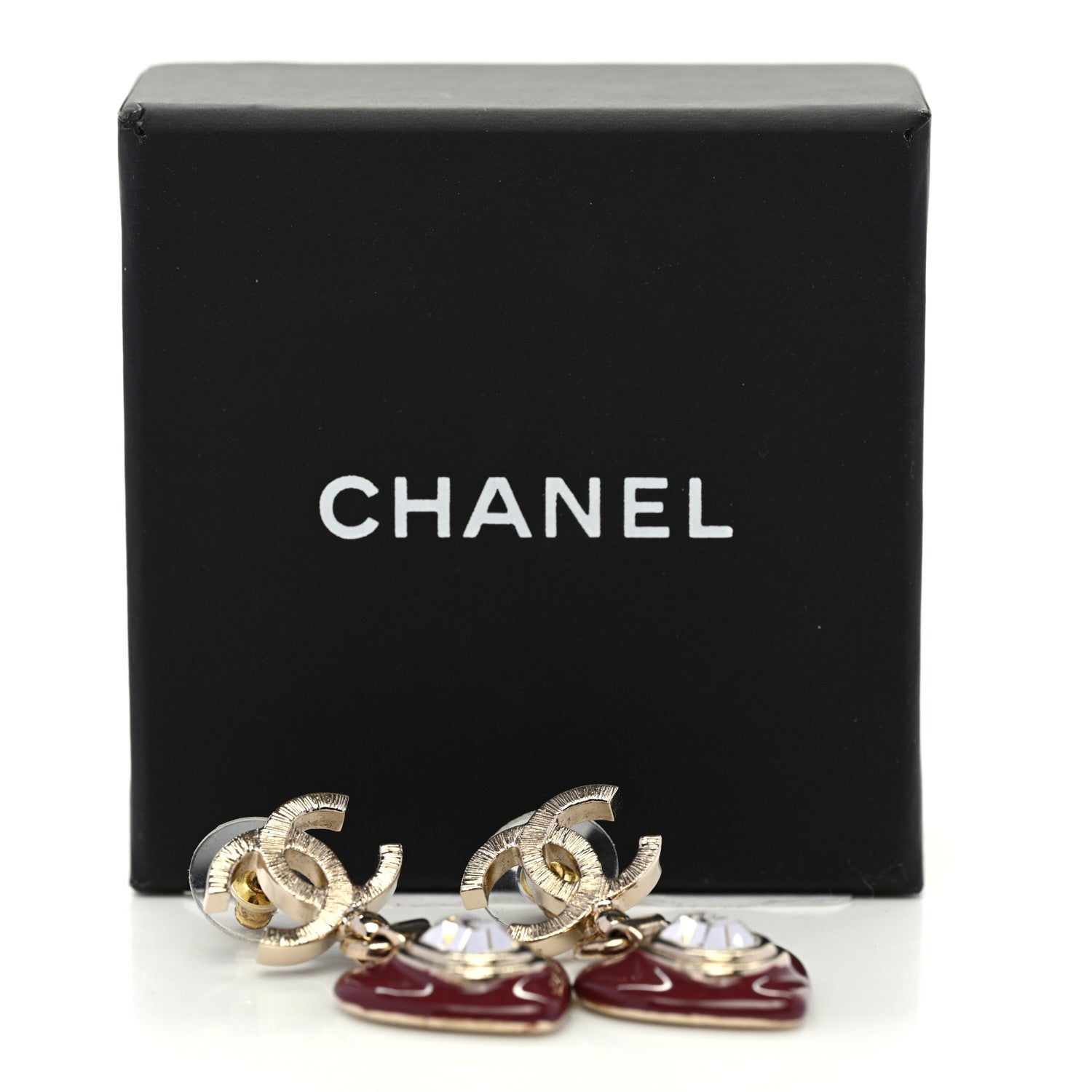 Chanel Resin Crystal CC Heart Drop Earrings Red Gold 5 of 5