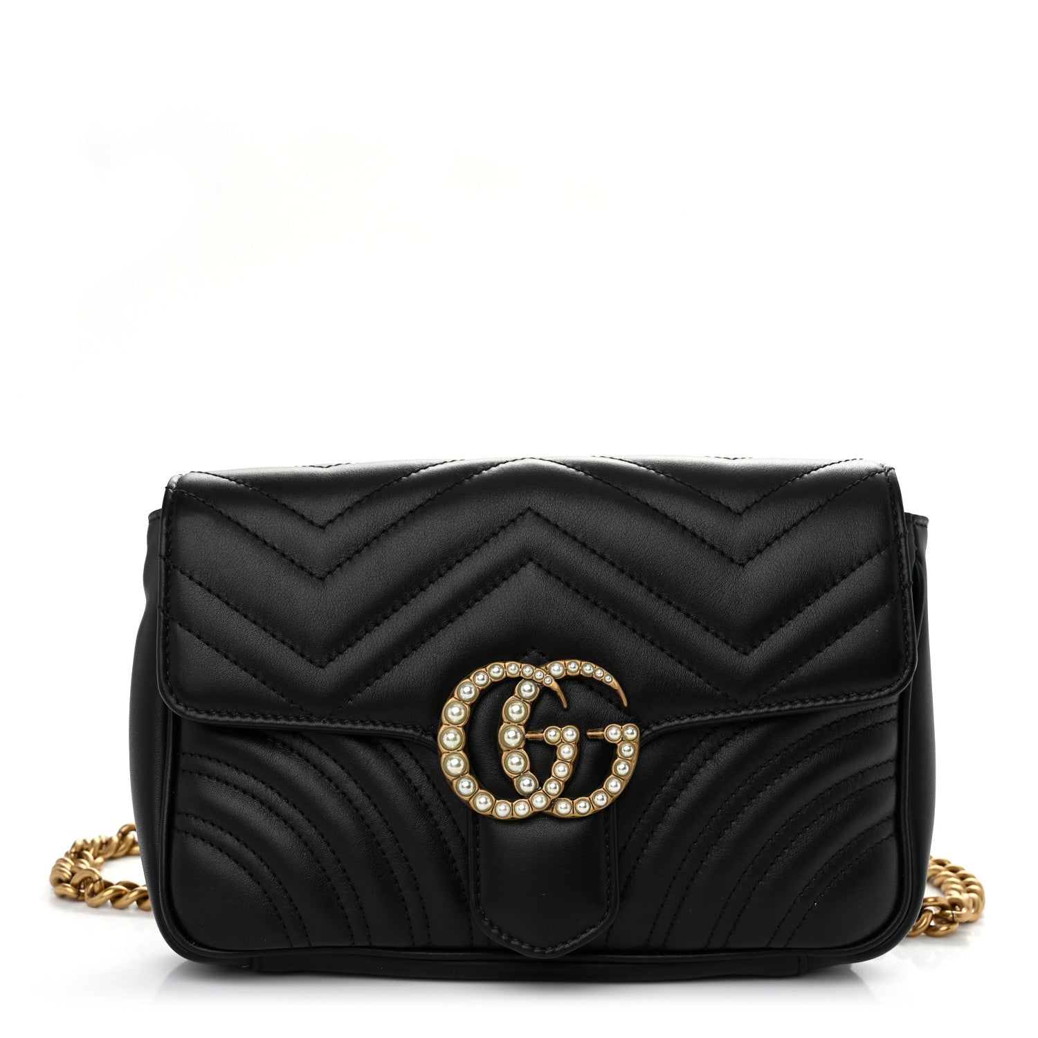Gucci Calfskin Matelasse Pearly GG Marmont Chain Belt Bag Black 1 of 11