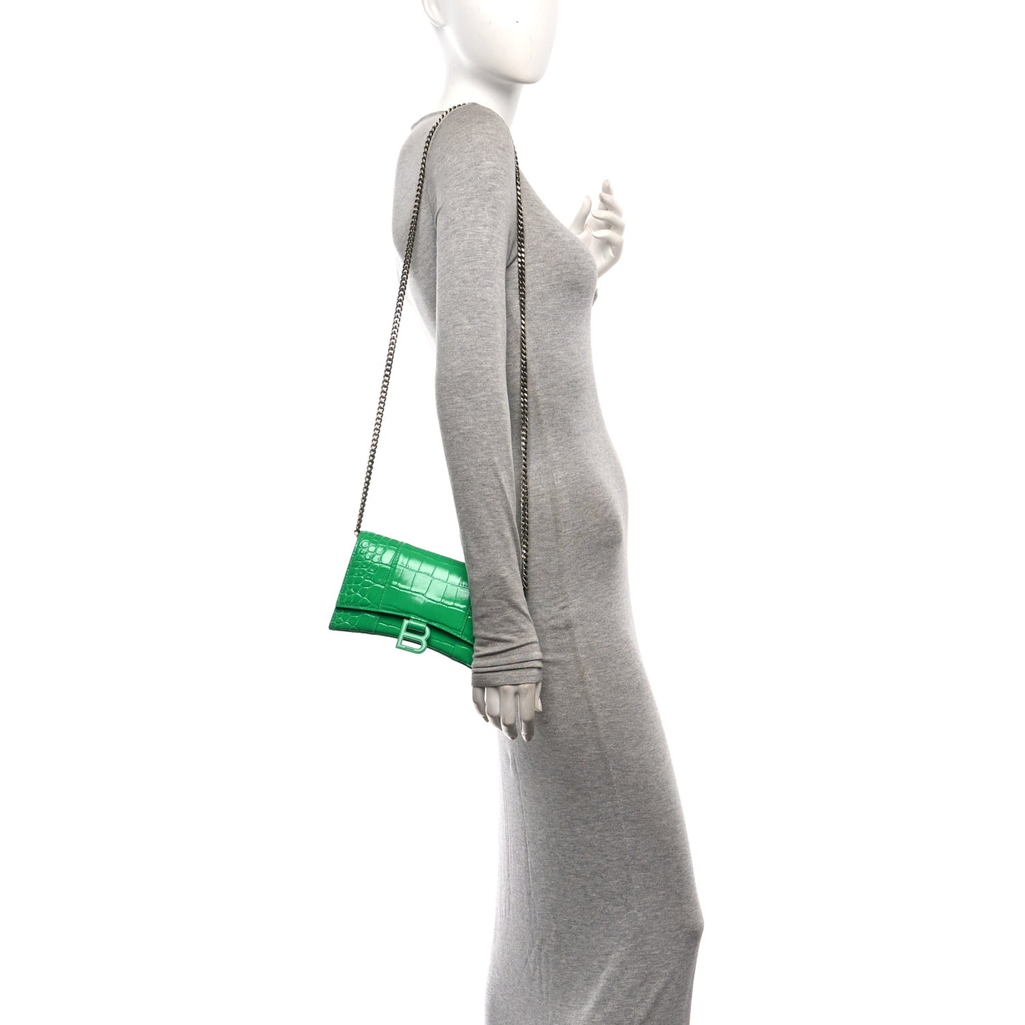 Shiny Calfskin Crocodile Embossed Hourglass Chain Bag Vivid Green