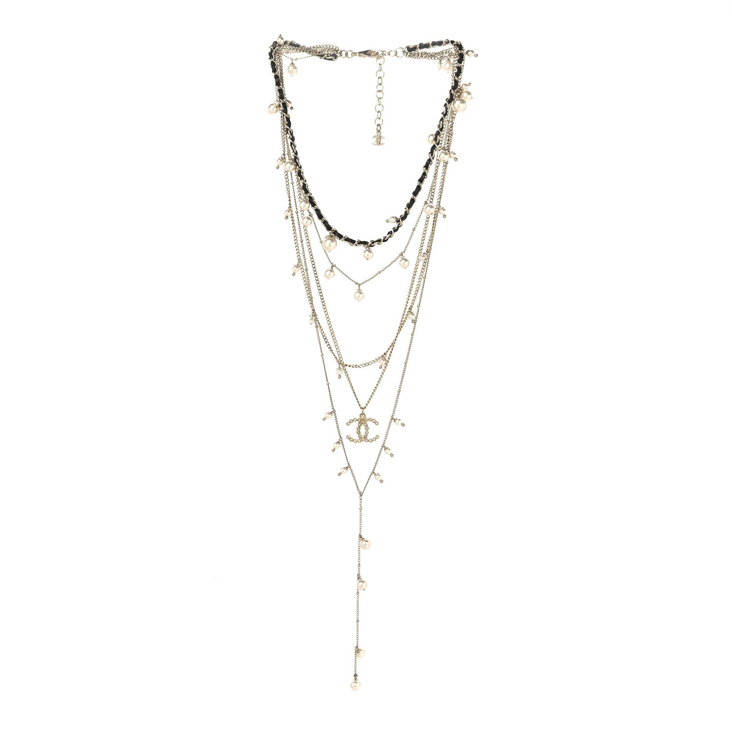 Pearl Crystal Lambskin CC Short Multi Strand Necklace Gold Black