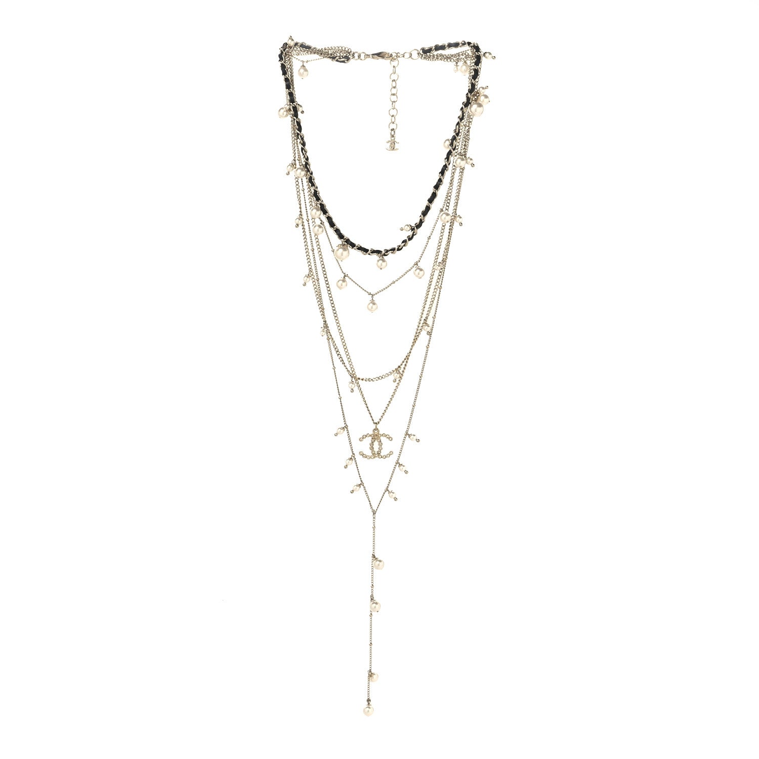 Chanel Pearl Crystal Lambskin CC Short Multi Strand Necklace Gold Black 3 of 4