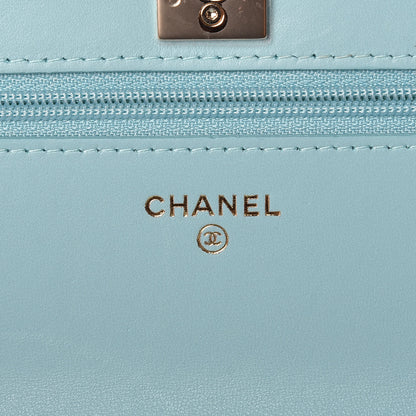 Chanel Lambskin Chevron Quilted Trendy CC Wallet On Chain WOC Light Blue 7 of 11