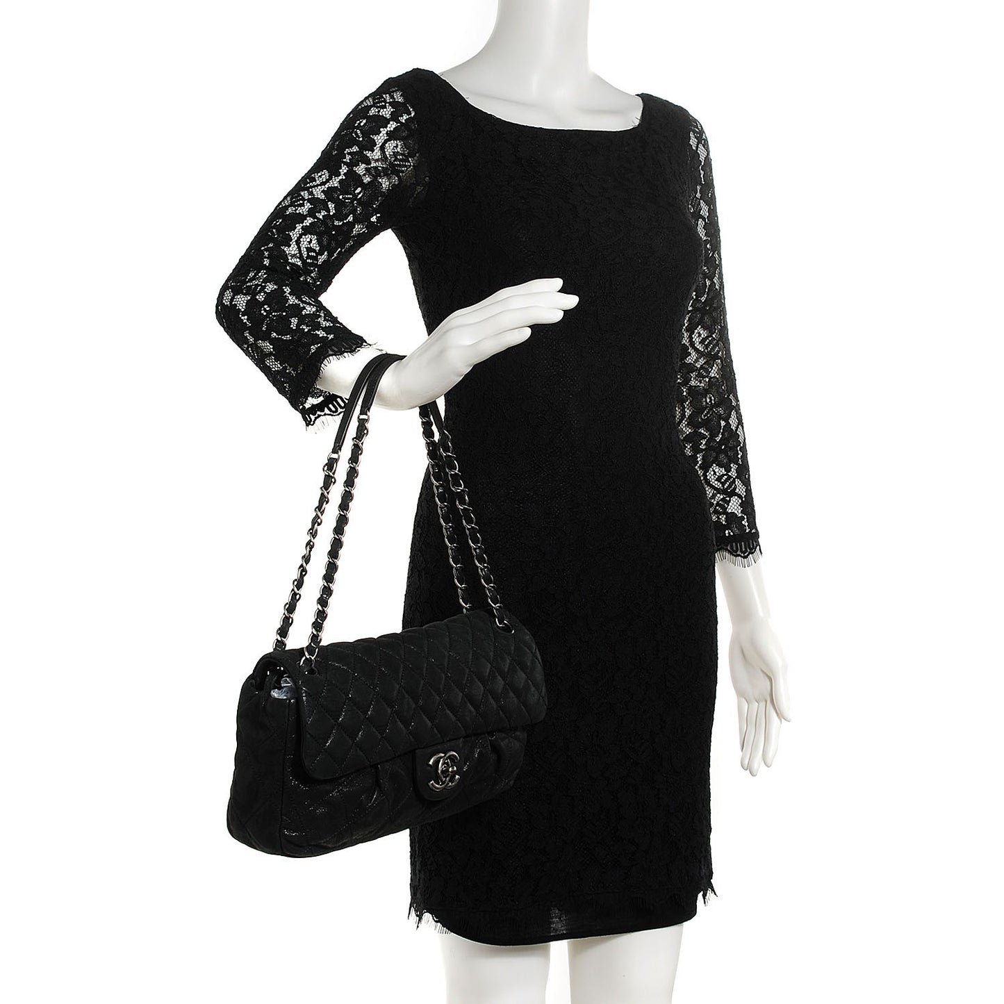 Iridescent Calfskin Large Chic Quilt Flap Black