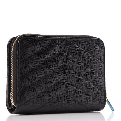 Saint Laurent Grain De Poudre Matelasse Chevron Monogram Compact Zip Around Wallet Black 3 of 8