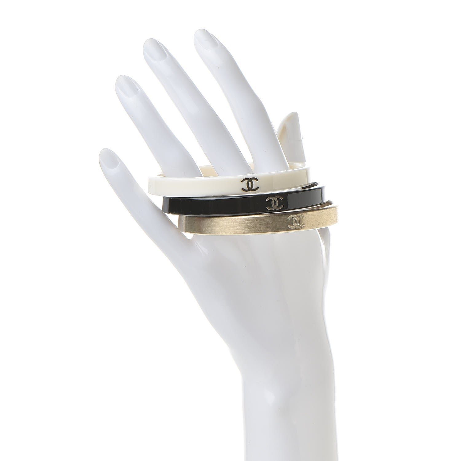 Chanel Resin Metal CC Bangle Set of 3 Black White Gold 2 of 6