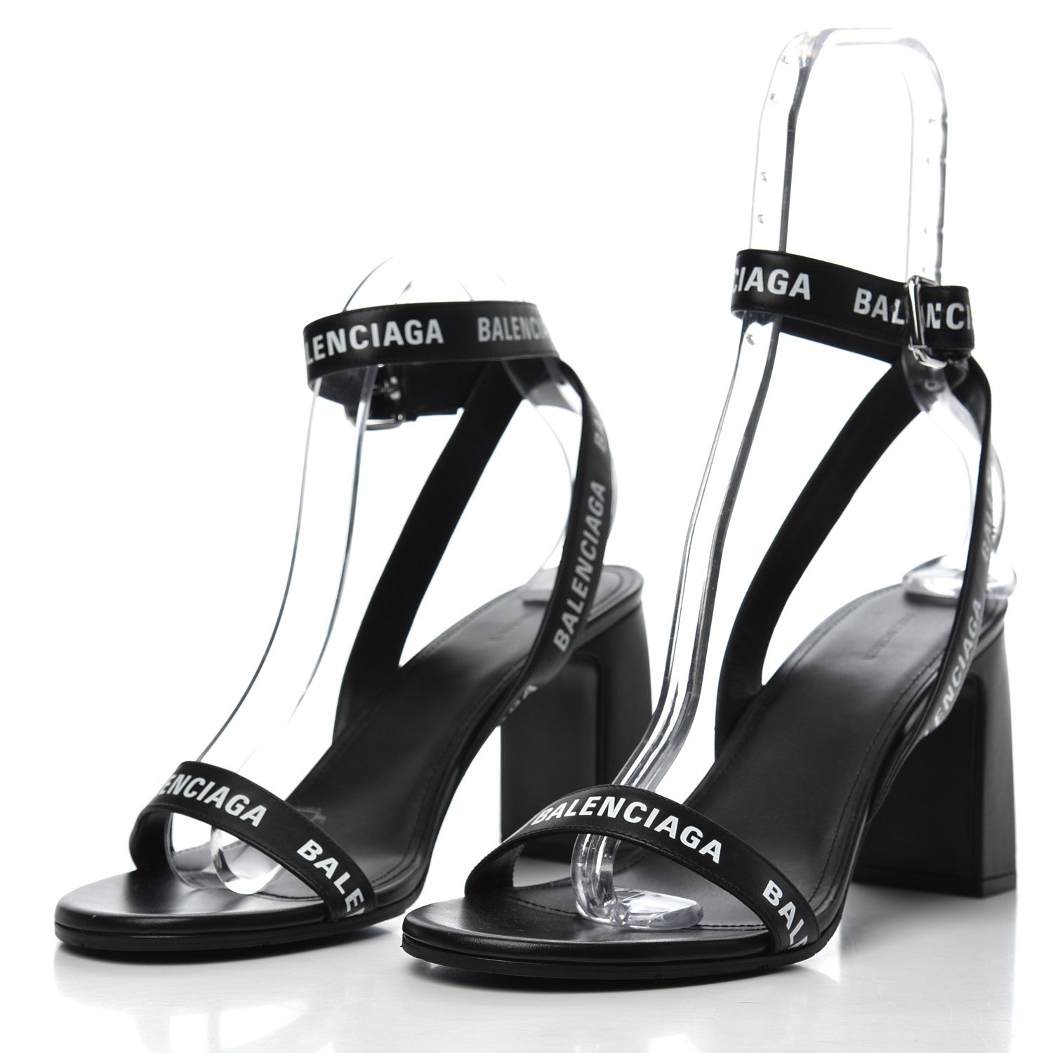 Balenciaga Calfskin Allover Logo Ankle Strap Round Heel 80mm Sandals 40 Black White 3 of 10