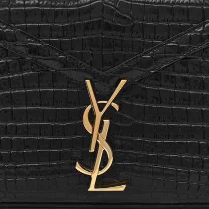 Saint Laurent Calfskin Crocodile Embossed Mini Classic Monogram Cassandra Top Handle Black 10 of 11