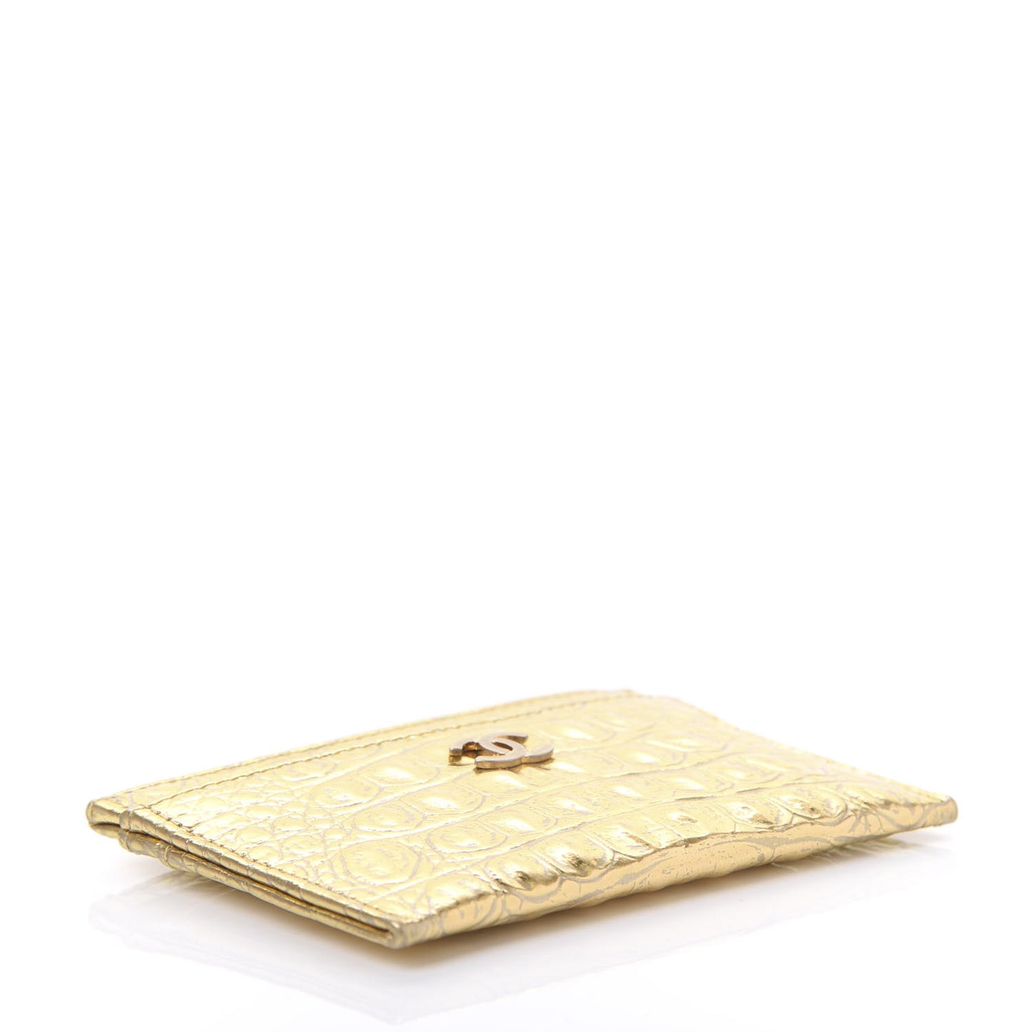 Metallic Calfskin Crocodile Embossed Cocodile Card Holder Gold