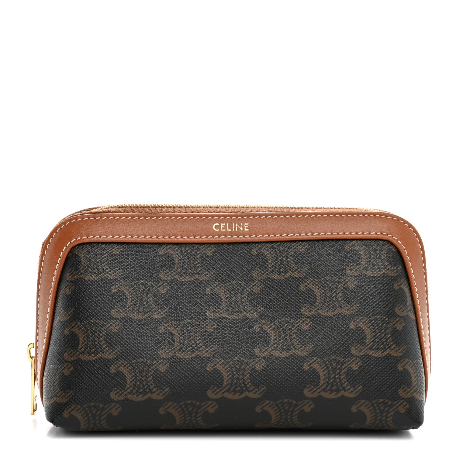 Celine Triomphe Canvas Calfskin Small Cosmetic Pouch Tan 1 of 8