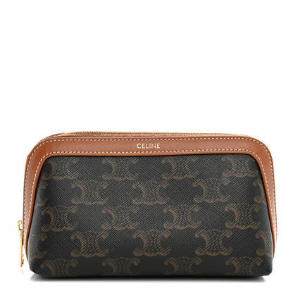 Celine Triomphe Canvas Calfskin Small Cosmetic Pouch Tan 1 of 8