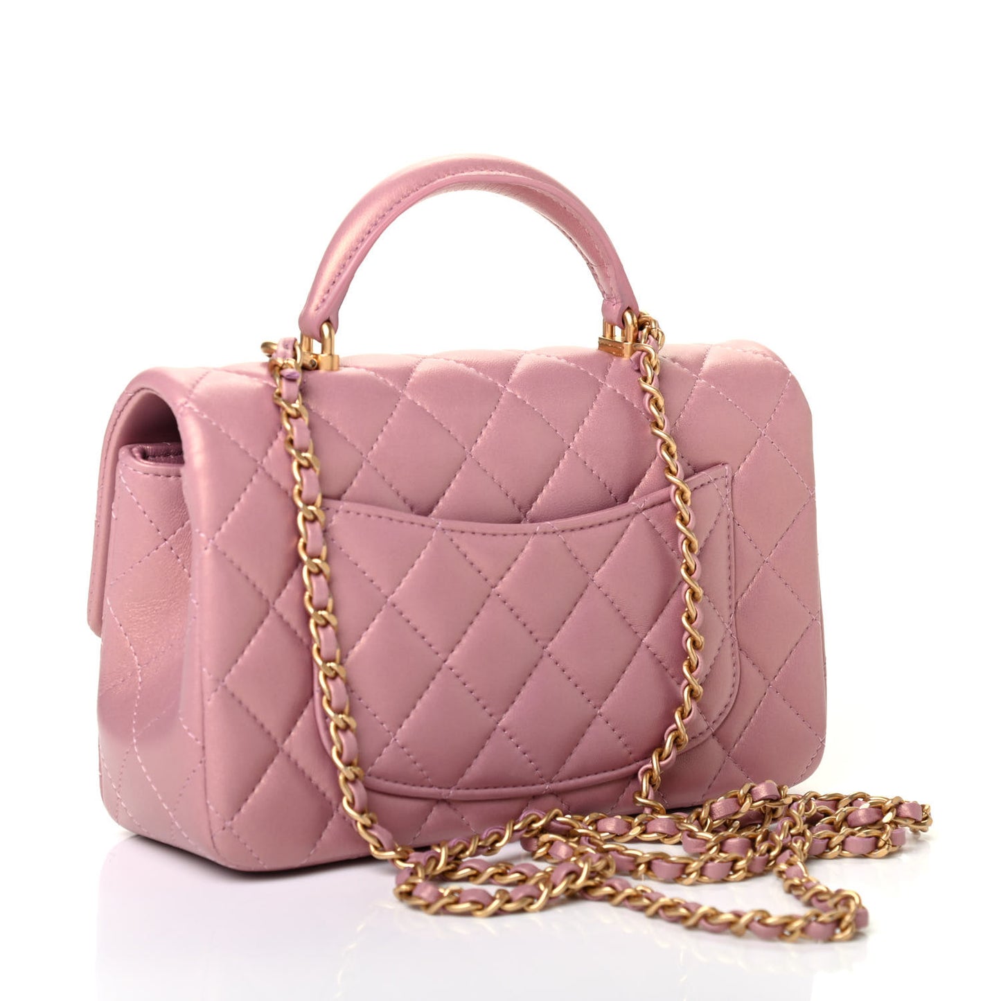 Iridescent Lambskin Quilted Mini Top Handle Rectangular Flap Pink