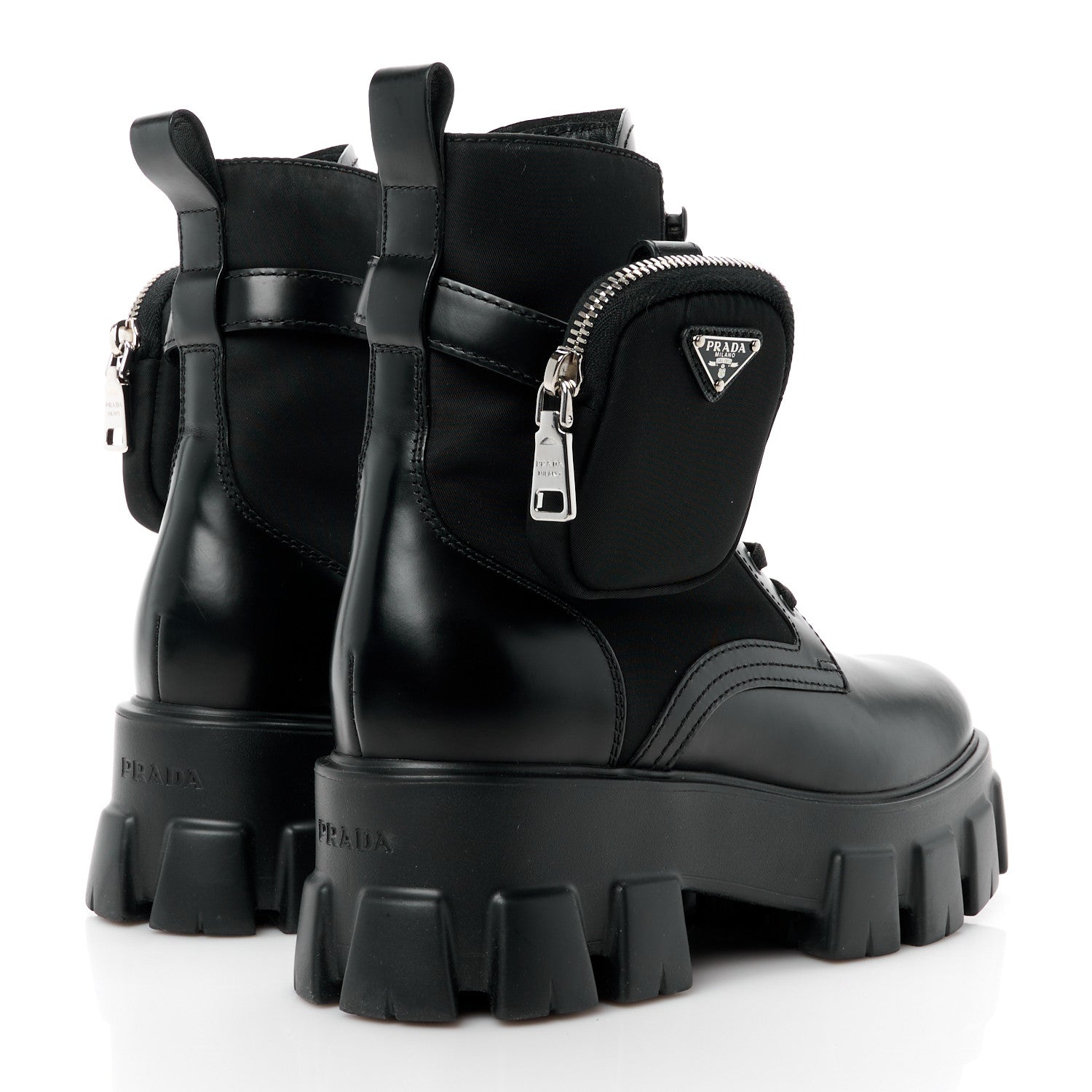 Prada Spazzolato Rois Nylon Metal Triangle Logo Monolith Pouch Pocket 55mm Boots 38.5 Black 4 of 11