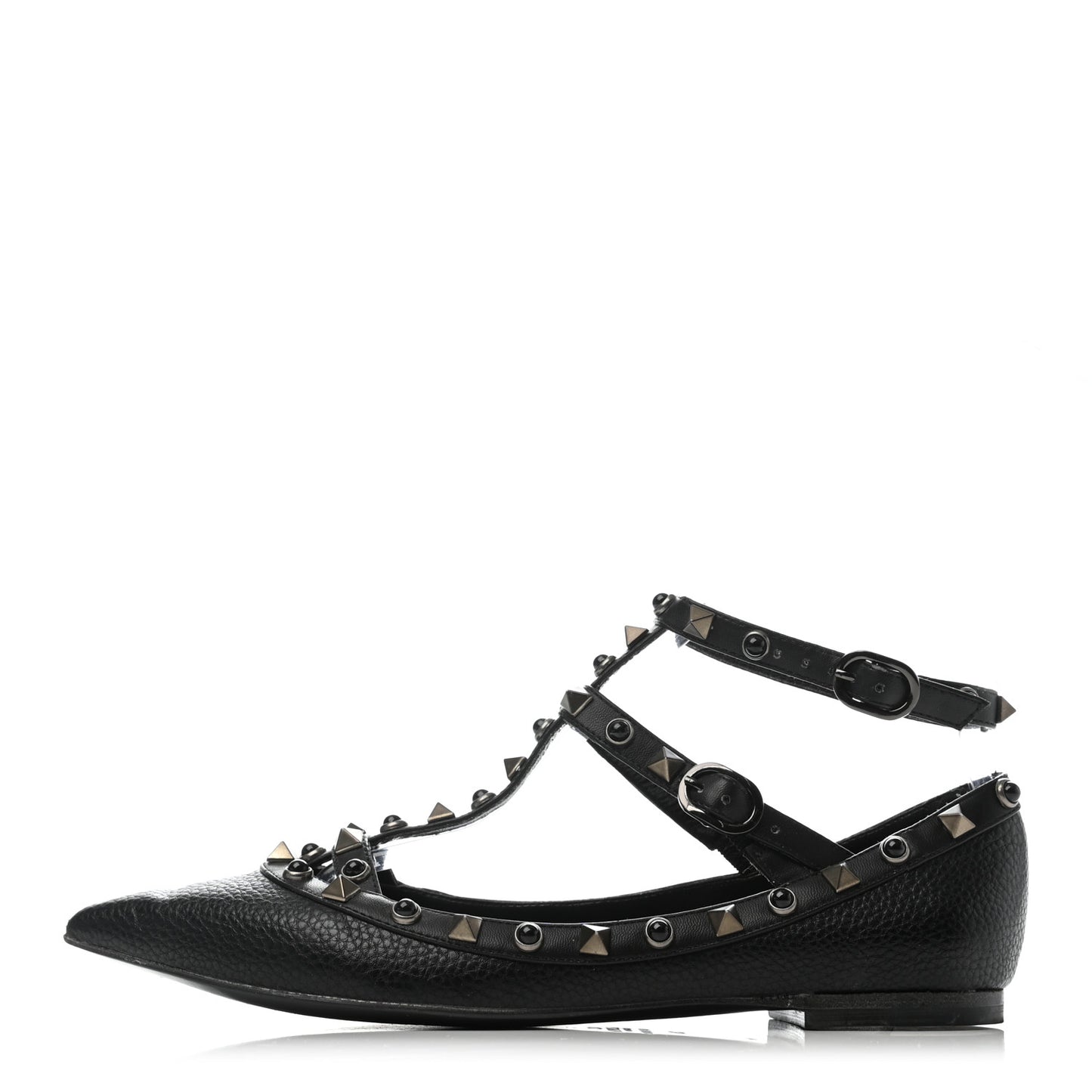 Pebbled Calfskin Onyx Rockstud Rolling Cage Ballerina Flats 36 Black