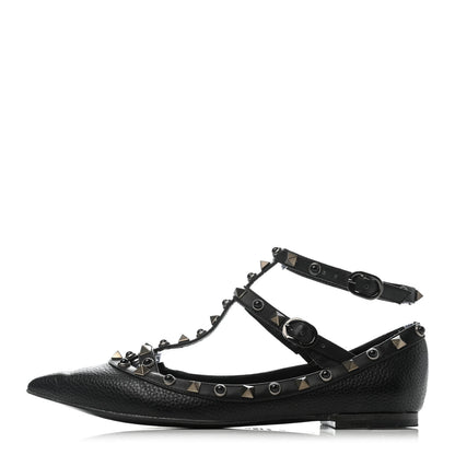 Valentino Garavani Pebbled Calfskin Onyx Rockstud Rolling Cage Ballerina Flats 36 Black 1 of 7