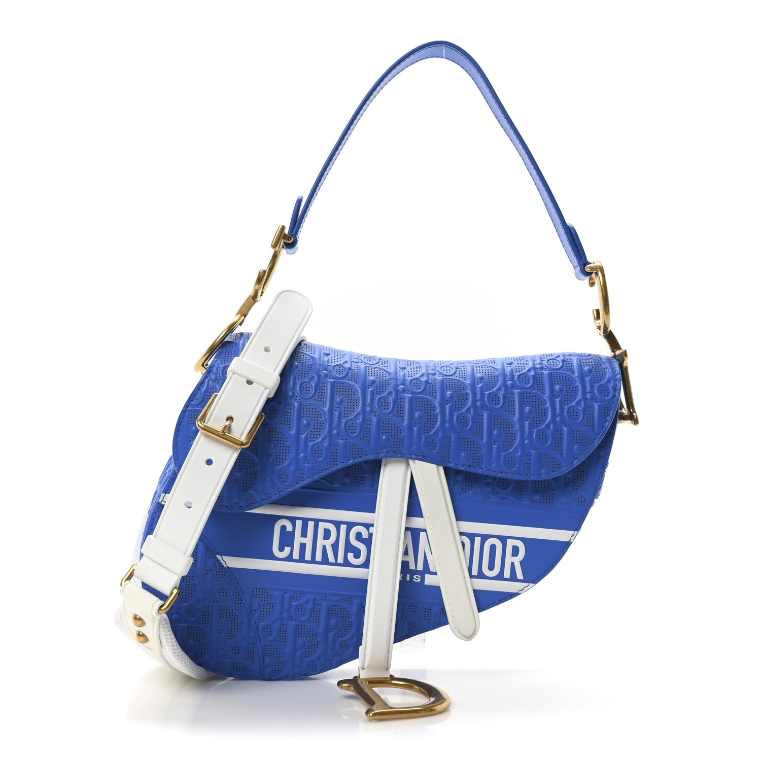 Christian Dior Perforated Calfskin Embossed Oblique Saddle Bag Blue White 1 of 10