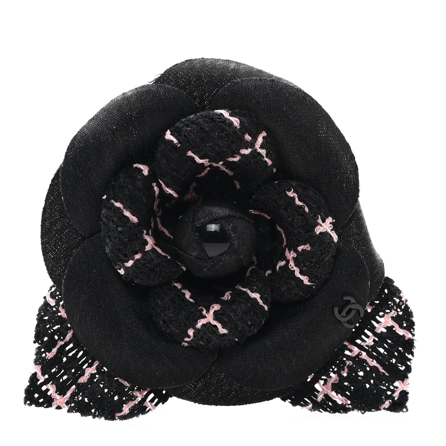 Chanel Tweed Fabric Camellia Pin Brooch Black Pink 1 of 4