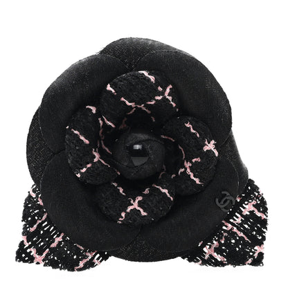 Chanel Tweed Fabric Camellia Pin Brooch Black Pink 1 of 4