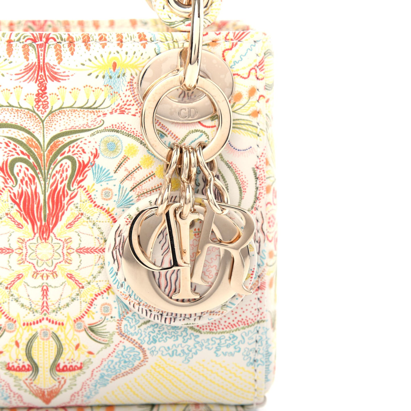 Calfskin Embroidered Mini Lady Dior White Multicolor