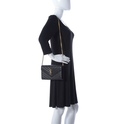 Saint Laurent Grain De Poudre Matelasse Chevron Medium Monogram Chain Wallet Black 2 of 9